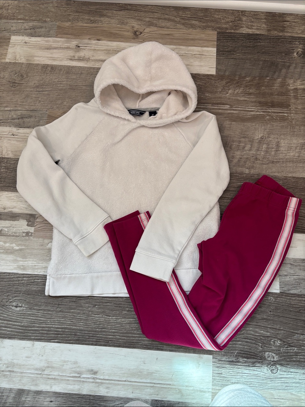 Lands' End Cream Hoodie with Magenta Stripe-Trim Leggings